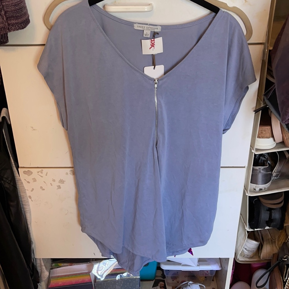 Suede Blue Zip Up Blouse